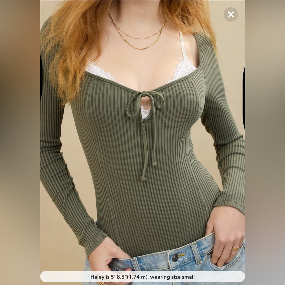 Aerie Green Long Sleeve Tie Front Bodysuit - Picture 1 of 5